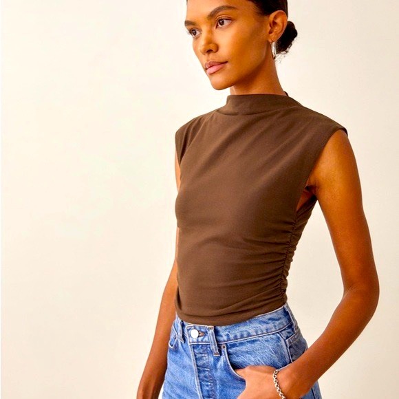 Reformation Tops - - Reformation SzS Stretch organic cotton jersey T-shirt Mock neck Ruching cafe